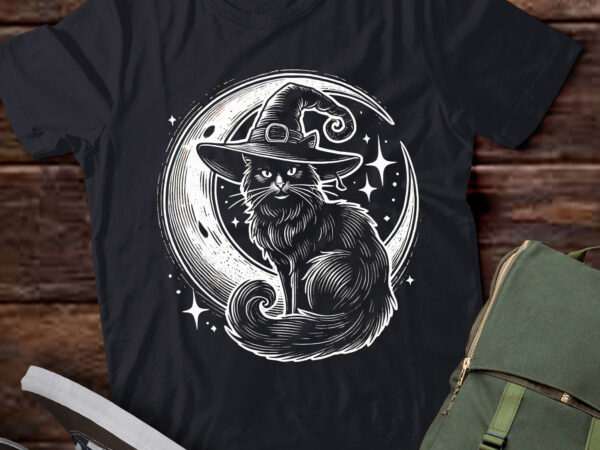 Lt521 scary halloween black cat costume witch hat & moon t shirt vector graphic