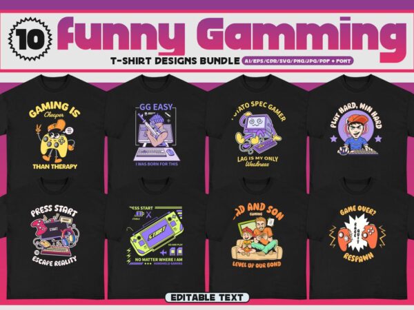 Funny gaming t-shirt designs bundle