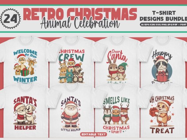 Retro christmas animal celebration t-shirt designs bundle