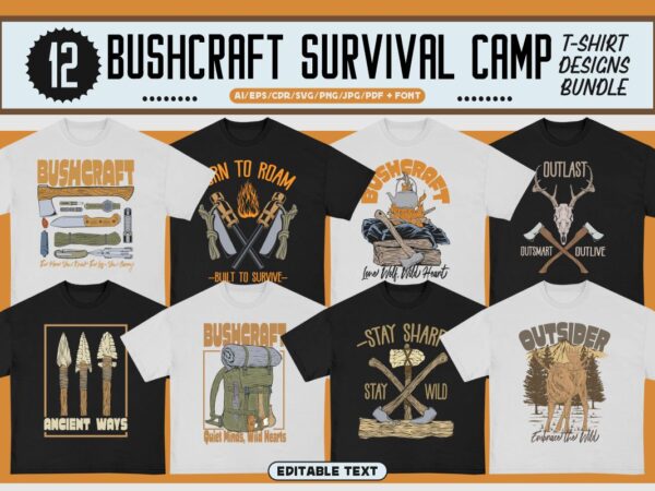 Bushcraft survival camp t-shirt designs bundle