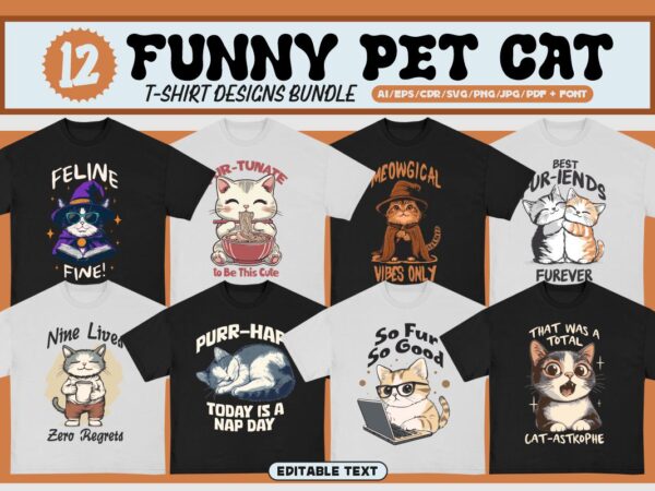 Funny pet cat t-shirt designs bundle