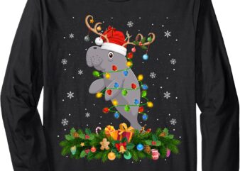 Manatee Xmas Lighting Reindeer Santa Hat Manatee Christmas Long Sleeve T-Shirt