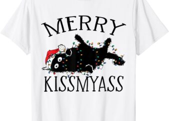 Merry KissMyAss Funny Christmas Cat Tangled in Lights T-Shirt