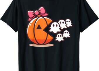 Pumpkin Eating Ghost Funny Halloween Gamer Women Kids T-Shirt