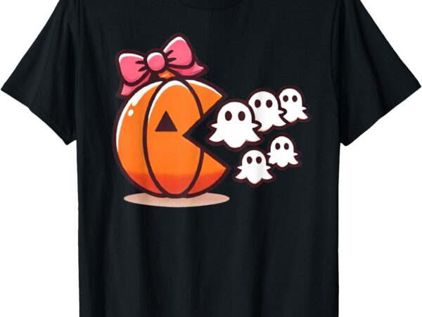 Pumpkin eating ghost funny halloween gamer women kids t-shirt