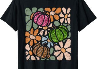 Retro Boho Floral Fall Pumpkin Autumn Thanksgiving Womens T-Shirt