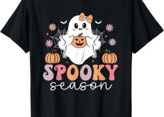 Retro Halloween Women Girls Spooky Season Cute Floral Ghost T-Shirt