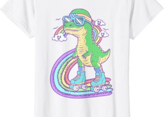 Retro Roller Skating Dinosaur with Rainbow and Cloud Friends T-Shirt