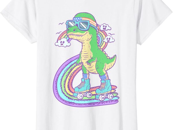 Retro roller skating dinosaur with rainbow and cloud friends t-shirt