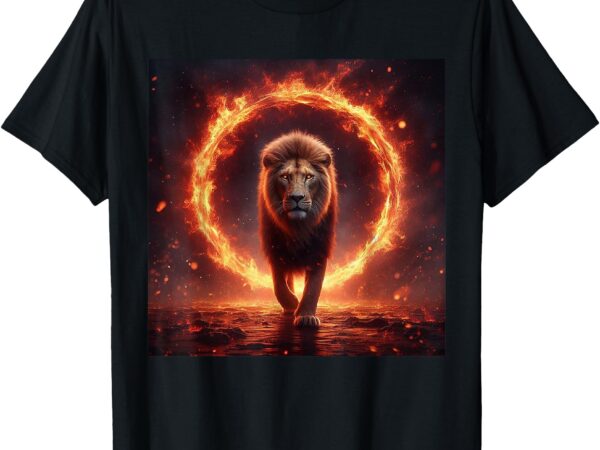 Safari lion walking through fire – animal big cat nature t-shirt