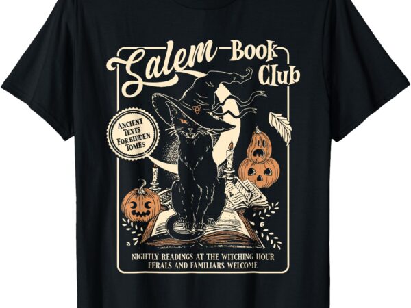 Salem witch book club bookish halloween black cat t-shirt