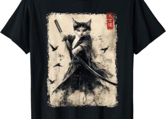 Samurai Cat Graphic Tee Warrior Vintage Japanese Art Anime T-Shirt