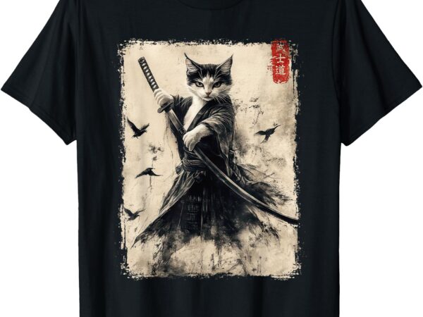 Samurai cat graphic tee warrior vintage japanese art anime t-shirt