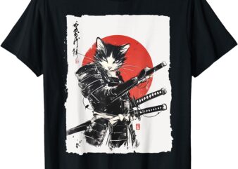 Samurai Cat Vintage Ukiyo-e Warrior Art Graphic Cat Art T-Shirt