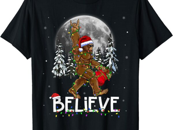 Santa bigfoot christmas lights funny sasquatch believe xmas t-shirt