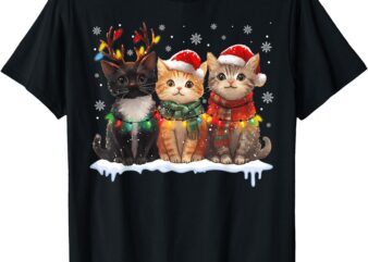 Santa Cat Light Reindeer Christmas Cat Lover Pajamas T-Shirt