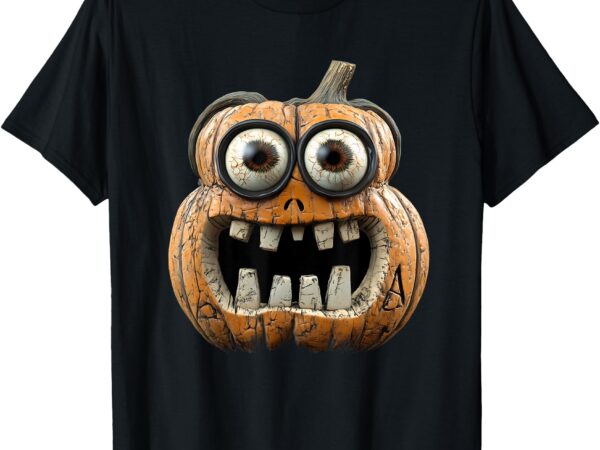 Scary crazy eyed big mouth teeth halloween pumpkin minion t-shirt