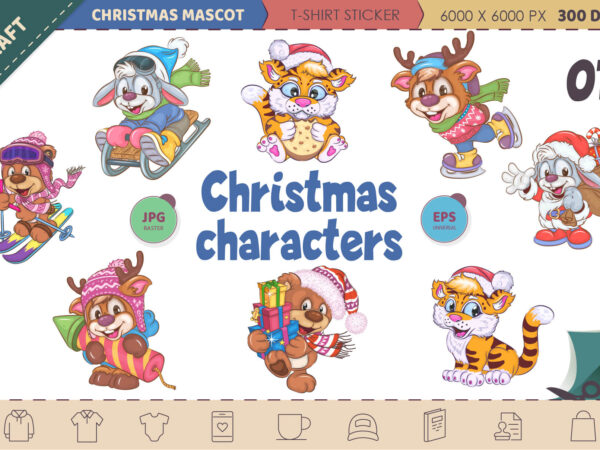 Set of christmas characters 01. clipart. t shirt template vector