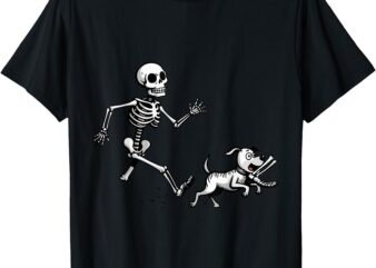 Skeleton Playful Chase Dog Run Off with the Bone in Humorous T-Shirt