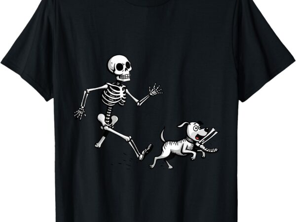 Skeleton playful chase dog run off with the bone in humorous t-shirt