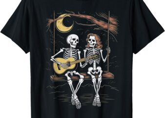 Skeleton Playing Guitar Moon Halloween Music Boys Men Womens T-Shirt