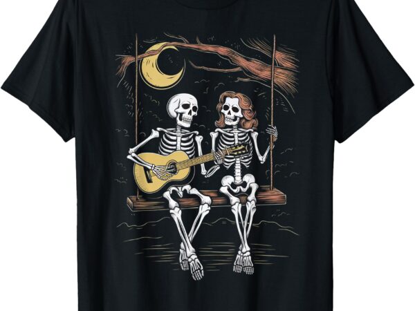 Skeleton playing guitar moon halloween music boys men womens t-shirt