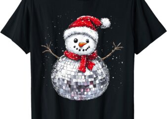 Snowman Christmas Retro Santa Hat Disco Ball Matching Family T-Shirt