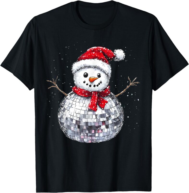 Snowman Christmas Retro Santa Hat Disco Ball Matching Family T-Shirt