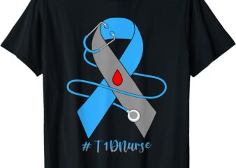 Stethoscope Blue Gray Ribbon T1D Nurse Diabetes Awareness T-Shirt