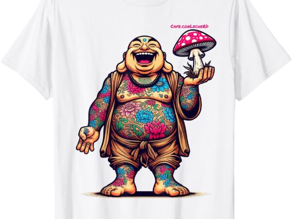 Tattooed laughing monk with a mushroom t-shirt