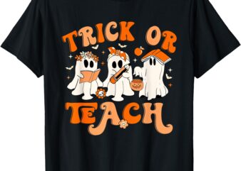 Teacher Halloween Trick or Teach Retro Groovy Floral Ghost T-Shirt