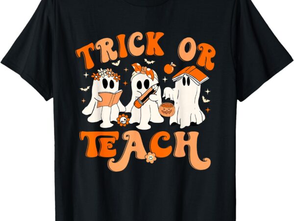 Teacher halloween trick or teach retro groovy floral ghost t-shirt