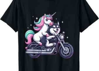 Unicorn Riding A Motorcycle Girls Women Kids Siberian Husky T-Shirt