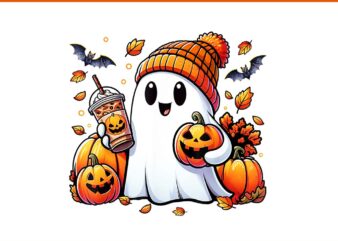 Cute Ghost Drinking Coffee Halloween PNG