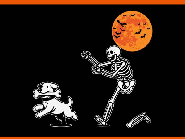 Spooky humor halloween skeleton chasing dog svg t shirt template vector