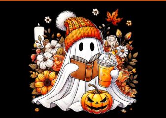 Ghost Drinking Coffee Book Reading Halloween Pumpkin PNG t shirt design template