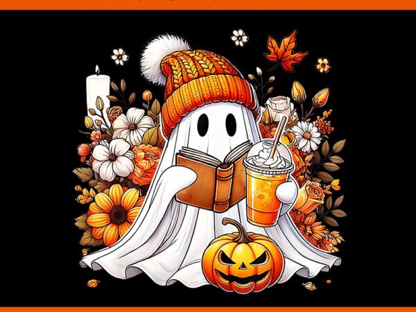 Ghost drinking coffee book reading halloween pumpkin png t shirt design template