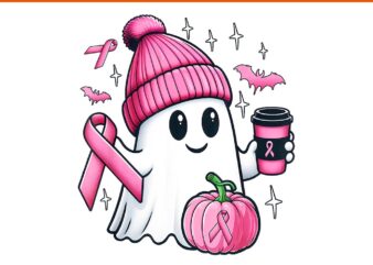 Pink Ghost Drinking Coffee Halloween PNG