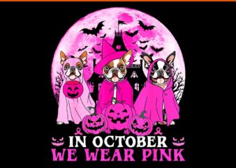 In October We Wear Pink Boston Terrier Dog Witch Halloween PNG