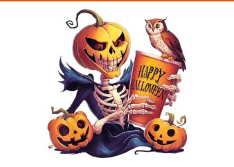 Coffee Drinking Skeleton Pumpkin Halloween PNG