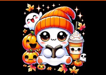 Cute Ghost Reading Book Pumpkins Fall Chocolate Halloween PNG t shirt vector file