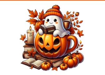 Cute Ghost Reading Book Halloween PNG, Autumn Ghost Coffee PNG