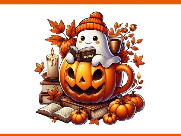 Cute ghost reading book halloween png, autumn ghost coffee png t shirt vector file