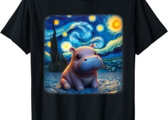 Van Gogh Starry Night Moo-Deng Cute Baby Pygmy Hippo Zoo T-Shirt