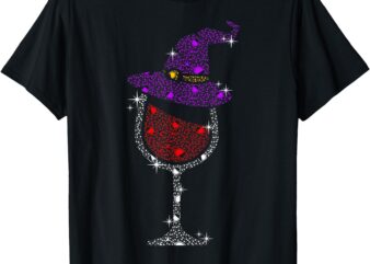 Wine Glass Witch Bling Rhinestone Halloween Spooky Party T-Shirt