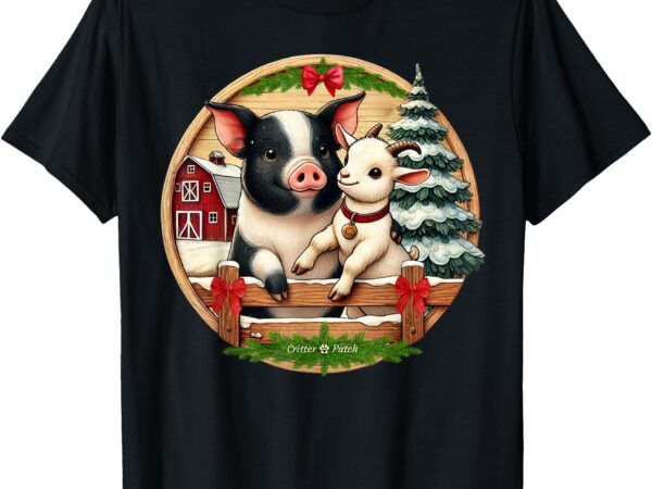 Winter barnyard cartoon pot belly pig and mini goat friends t-shirt