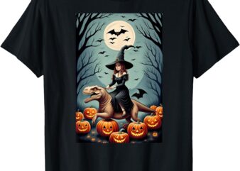 Witch Riding Tyrannosaurus Rex dinosaur in a Pumpkin Patch T-Shirt