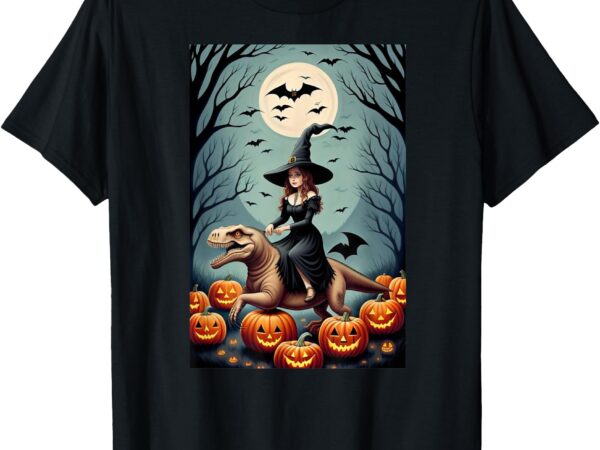 Witch riding tyrannosaurus rex dinosaur in a pumpkin patch t-shirt