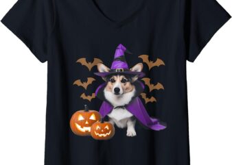 Womens Halloween Corgi Dog Costume Party Spooky Scary V-Neck T-Shirt