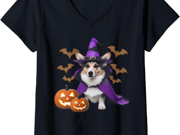 Womens halloween corgi dog costume party spooky scary v-neck t-shirt